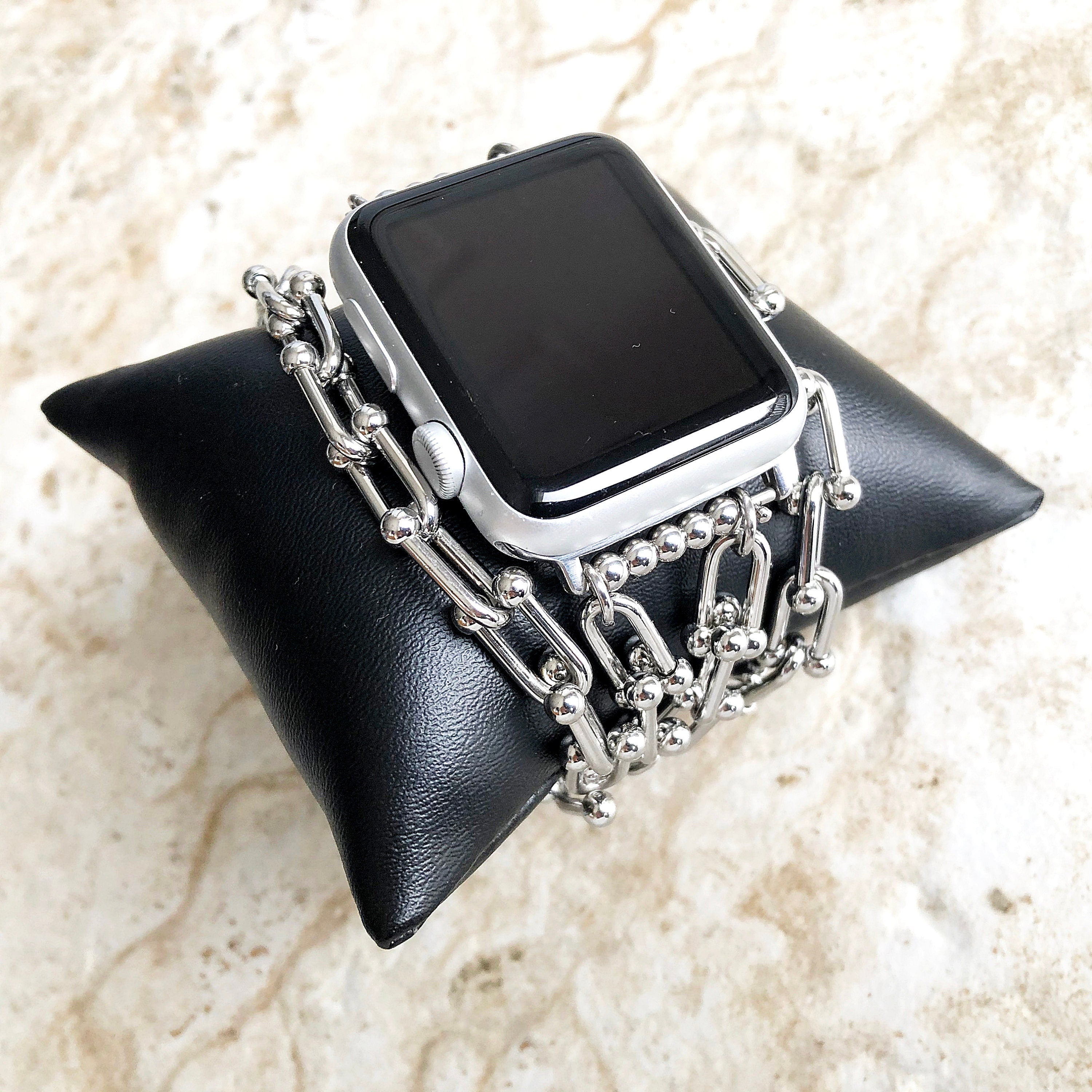 Apple Band Bracelet for iWatch Ultra 2 9 8 7 6 SE 5 4 3 2 1 38mm 40mm 41mm 42mm 44mm 45mm 49mm U Shaped Chain Links St Steel Silver Color